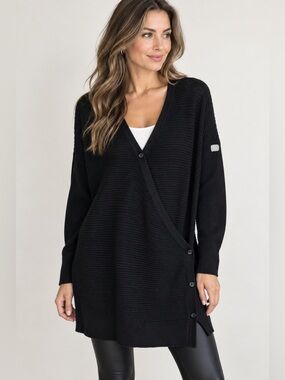 Levelwear Verve Black Textured Cotton Blend Wrap Front Cardigan Sweater Size M